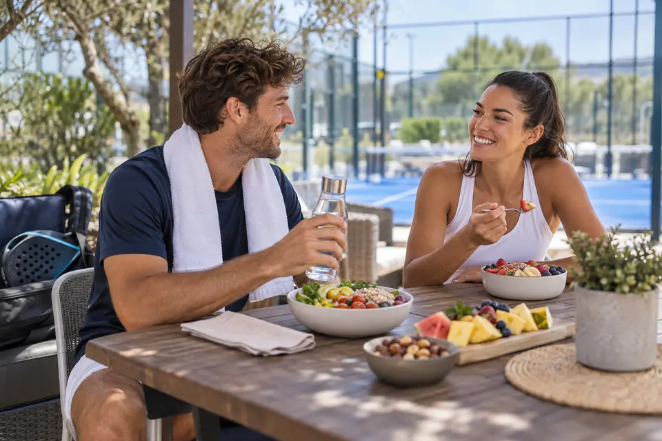 Illustrative Szene von Freunden, die nach dem Padel-Spiel frisches Essen genießen